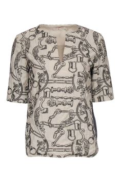 Current Boutique-Tory Burch - Beige & Grey Cotton Linen Embroidered Top w/ Metallic Contrast Sides Sz 4 Designer Embroidered Tops For Summer, Designer Embroidered Summer Tops, Spring Embroidered Gray Tops, Chic Embroidered Linen Top, Embroidery Metallic, Grey Embroidery, French Girl Chic, Unique Blouse, Chic Shop