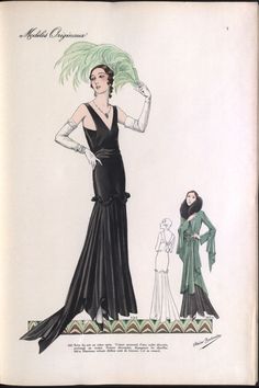 an illustration of a woman in a black dress and another woman in a green gown