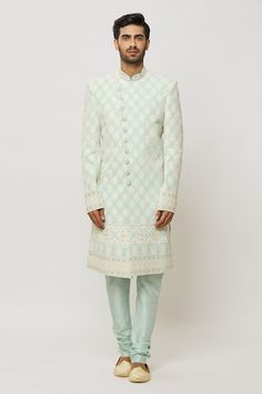 Pista green sherwani embroidered with honeycomb patterns, embellished by sequins and pearls. Comes with a churidar. - Aza Fashions Green Sherwani, Pista Green, Honeycomb Pattern, Churidar, Mandarin Collar, Aza Fashion, Honeycomb, Sequin, Collar