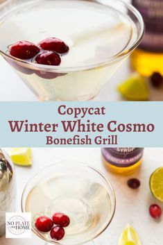 Winter White Cosmo, Elderflower Syrup, Vodka Orange, Cosmo Recipe, Winter Cocktails Recipes, Cosmopolitan Cocktail, Alcohol Beverages, Bonefish Grill