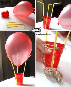 the balloon is being made with plastic cups and straws