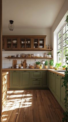 Farmhouse-style green kitchen with wood cabinets, white walls, open shelving, and natural materials, showcasing a Bottom Green Kitchen Cabinets, Kitchen Interior Green Cabinets, Green Tile Wood Kitchen, Olive Green Kitchen Cabinets Farmhouse, Green Wall Kitchen Wood Cabinets, Small Kitchen Remodel Green Cabinets, Green And Wood Home Aesthetic, Green Kitchen With Cream Cabinets, Small Kitchen Remodel Wood Cabinets