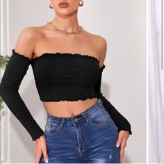 Long Sleeve Off Shoulder Backless Lace Up Lettuce Trim Bardot Crop Top Fitted Bandeau Top For Fall, Chic Bandeau Top For Fall, Bardot Crop Top, Shein Tops, Lettuce, Off Shoulder, Crop Top, Womens Tops, Lace Up