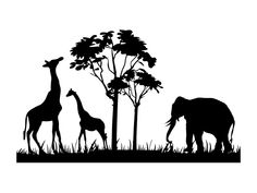 an elephant and giraffes are silhouetted against the backdrop of tall trees