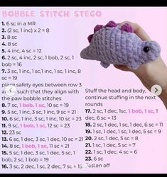 a hand holding a crocheted stuffed animal in it's right arm and the text bubble stitch steco written below