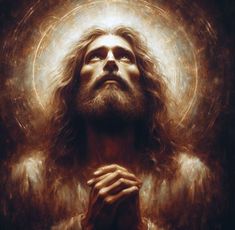 a painting of jesus with his hands clasped in front of the light shining down on him