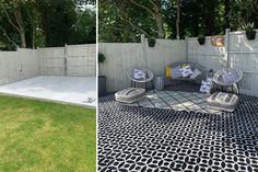 before and after photos of an outdoor patio with black and white tiles on the ground