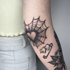 Spiderweb With Heart Tattoo, Heart Web Tattoo Elbow, Cute Spiderweb Tattoo, Halloween Heart Tattoo, Cobweb Elbow Tattoo, Heart Tattoo Elbow, Elbow Web Tattoo, Heart Elbow Tattoo, Elbow Spider Web Tattoo