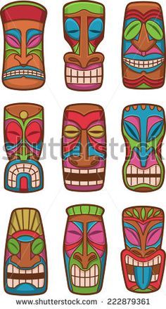 tiki masks with different designs and colors on the face, set of twelve pieces