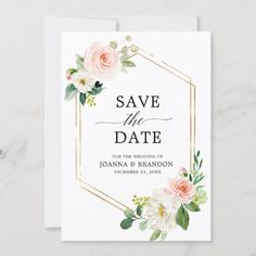 save the date card with pink flowers and greenery on white paper, in gold frame