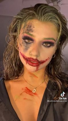 Joker Makeup Female Heath Ledger, Joker Mouth Makeup, Joker Hair Female, Fake Injury Face Makeup, 2023 Women’s Halloween Costumes, Joker Makeup Tutorial Female, Joker Eye Makeup, Heath Ledger Joker Makeup Female, Heath Ledger Joker Costume Female