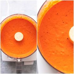 two pictures of a food processor filled with tomato soup