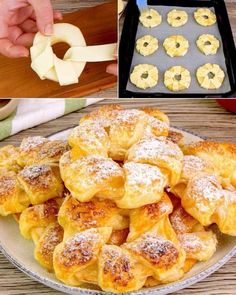 there are several different types of pastries on the table and in front of them