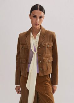 Velvet Military Crop Jacket | ME+EM Luxury Brown Button-up Outerwear, Classic Brown Blazer With Buttoned Pockets, Brown Utility Jacket With Buttoned Pockets For Work, Brown Outerwear With Button Cuffs For Work, Brown Button Cuffs Outerwear For Work, Classic Brown Utility Jacket With Buttoned Pockets, Classic Leather Jacket With Buttoned Pockets For Work, Elegant Brown Leather Jacket With Pockets, Luxury Brown Outerwear With Button Cuffs