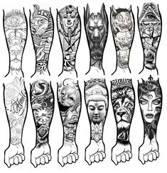 an assortment of leg tattoos with different designs on each arm and foot, all in black and white