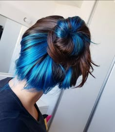 Blue Underneath Hair, Peekaboo Hair Color Ideas, Peekaboo Hair Color, Blue Brown Hair, Hidden Hair Color, Peekaboo Hair Colors, Split Dyed Hair, Hair Color Underneath