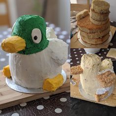 there are two cakes decorated to look like birds, one is green and the other is white