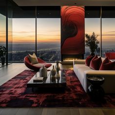 a living room filled with furniture and a fire place in the middle of a floor to ceiling window