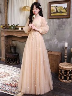 Long Sleeve Tulle Evening Dress For Bridesmaid, Long Sleeve Tulle Evening Dress For Prom, Beige Long Sleeve Evening Dress, Champagne Long Sleeve Prom Evening Dress, Champagne Long Sleeve Evening Dress For Prom, Cream Long Sleeve Party Evening Dress, Cream Long Sleeve Evening Dress For Party, Long Sleeve Cream Evening Dress For Party, Prom Gown Elegant