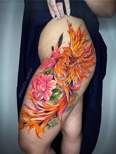 Phoenix Tattoo On Hip, Phoenix Tattoo On Leg, Pheonix Tattoo For Women Side Hip, Phoenix Thigh Tattoo For Women, Phoenix Leg Tattoo For Women, Phoenix Tattoo Sleeve Feminine, Large Phoenix Tattoo, Phoenix Tattoo Feminine Thigh, Phoenix With Flowers Tattoo