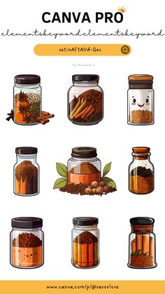 a poster with many jars filled with different types of spices and herbs on it's sides