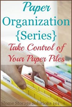 a person's hand is on top of some folders with the title paper organization series take control of your paper piles