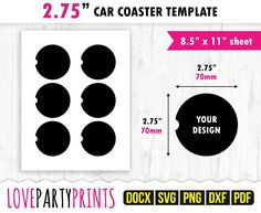 the car coaster template is shown with measurements for each design and it's size