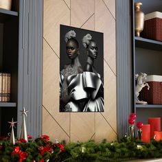 two women in black and white are standing next to each other on shelves with christmas decorations