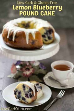 lemon blueberry pound cake with icing on two plates