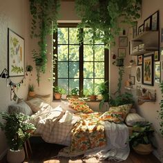 a bedroom with lots of green plants hanging from the ceiling, and a bed in front of a window