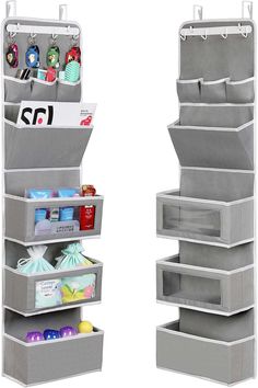 two storage bins with different compartments on each side, one is open and the other has