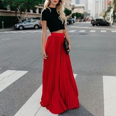 Classy Red High Waist Pleated Long Skirt · KoKo Fashion · Online Store Powered by Storenvy Red Skirt Winter, Midi Skirt Outfit, Maxi Skirt Outfits, Pleated Long Skirt, Fashion Bottoms, Pleated Maxi Skirt, Red Skirt, Winter Skirt, Red High