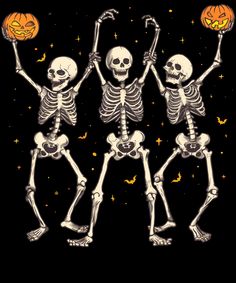 three skeletons with pumpkins in their hands and one holding a jack - o'- lantern