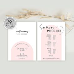 two pink and white menus with the words princess price list on them