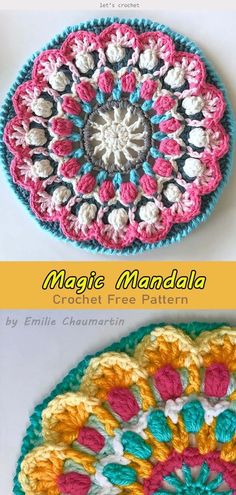 two crocheted plates are shown with the same pattern on each side and one has a