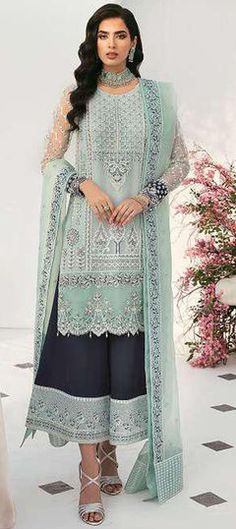 Blue color Salwar Kameez in Organza Silk fabric with Bugle Beads, Embroidered work Akbar Aslam, Organza Suit, Embellished Sleeves, Pakistani Boutique, Organza Suits, Pakistani Designer Clothes, Embroidered Dupatta, Embellished Blouse, Pakistani Designers