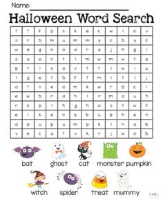 halloween word search with words and pictures to match the theme for each word in this printable worksheet