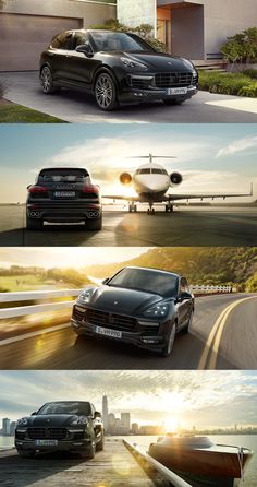 three different cars driving down the road in front of a building and an airplane flying over it