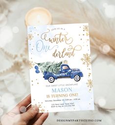 Editable Winter Onederland Winter First Birthday Invitation Christmas Winter Gold Blue Truck Boy Silver Minimalist Template Printable 0495 Winter Truck, Winter Birthday Invitations, Minimalist Template, Winter Gold, Gold Printable, Blue Truck, Oh What Fun, Winter Onederland, Winter Birthday