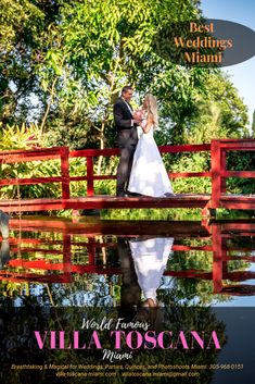 a bride and groom standing on a bridge over water with the words best wedding miami