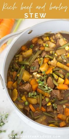 a white bowl filled with beef and barley stew next to carrots, celery, and parsley