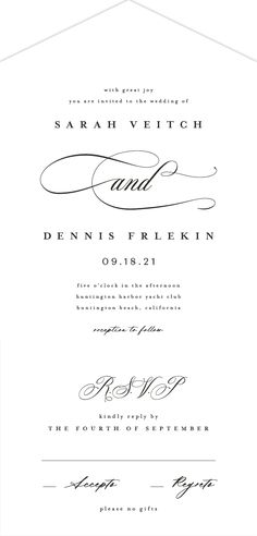 the wedding stationery is shown in black and white, with calligraphy on it