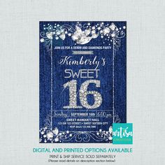 a blue denim and white floral sweet 16 birthday party card with the number sixteen printed on it