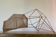 a sculpture made out of wood and mesh on top of a wooden table in front of a white wall