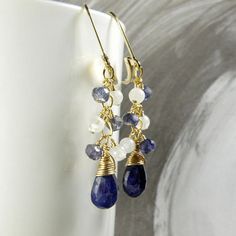 Navy Blue Sapphire Earrings, Real Stone Dangle, Tanzanite and Moonstone Accents, Gold Filled, Septem Sapphire Dangle Jewelry, Sapphire Briolette Gemstone Earrings, Blue Tanzanite Teardrop Earrings, Tanzanite Teardrop Jewelry With Matching Earrings, Tanzanite Teardrop Earrings As A Gift, Teardrop Blue Moonstone Jewelry, Blue Teardrop Moonstone Jewelry, Elegant Blue Moonstone Earrings, Sapphire Teardrop Birthstone Earrings