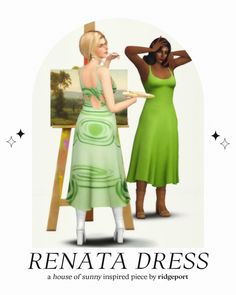 two women in dresses standing next to an easel with a painting on it and the caption reads renata dress