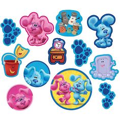 the blue and pink stickers have dogs, cats, and other things on them