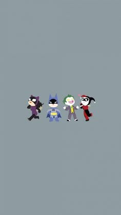 three cartoon characters are standing in the same direction, one is wearing a batman costume