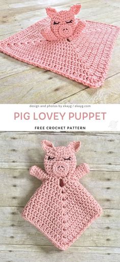 two crocheted pig blankets with the words pig lovey puppy written on them