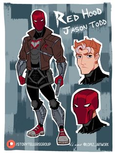 the red hood character is shown in three different poses